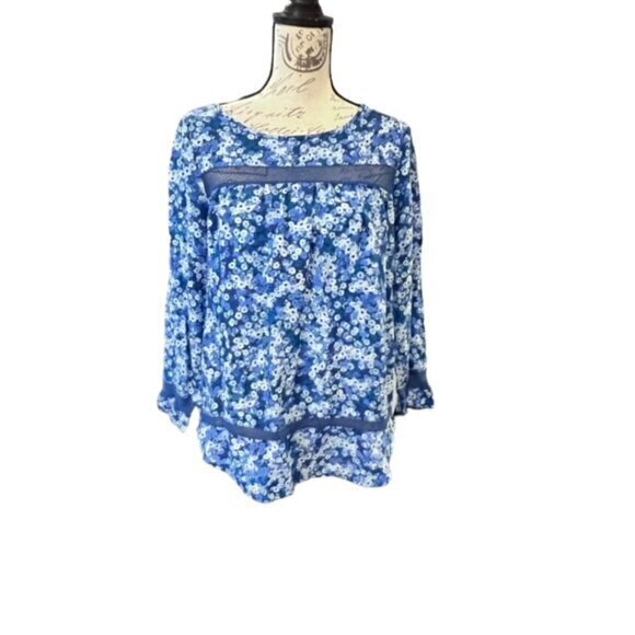 Gap Blue White Floral‎ Crochet Inset Long Sleeve Boho Blouse Size Small COTTAGE - Picture 1 of 15